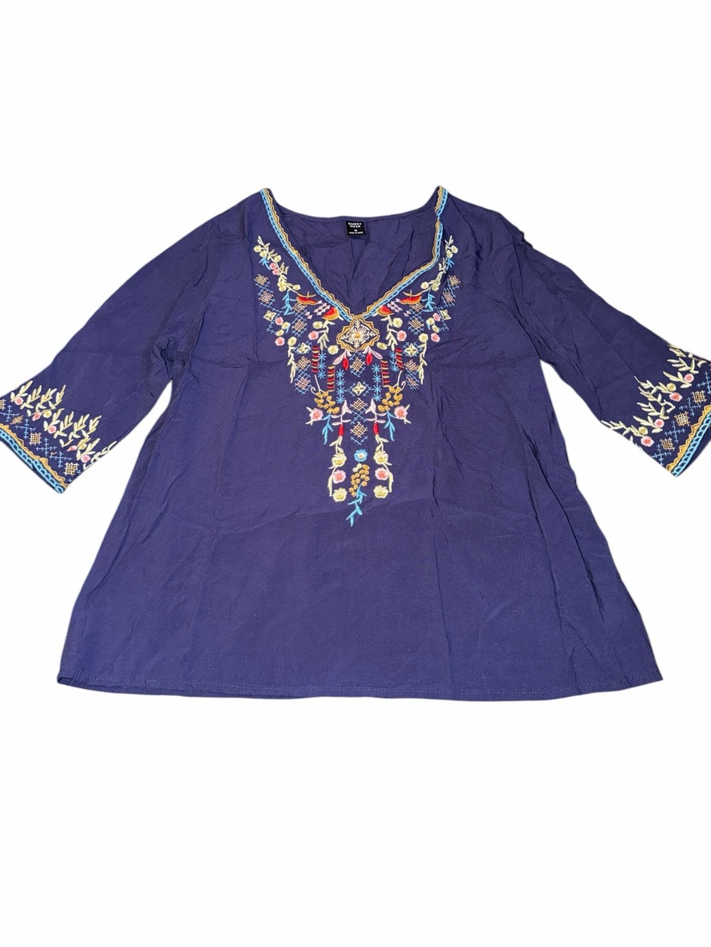 Embroidered V-Neck Navy Tunic Top